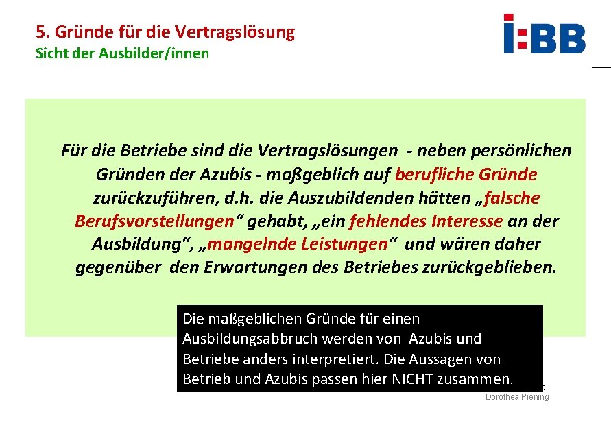 5. Gründe für die Vertragslösung Sicht der Ausbilder/innen Für die Betriebe sind die Vertragslösungen