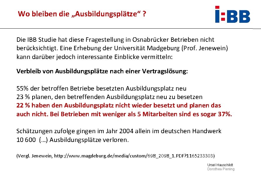 Wo bleiben die „Ausbildungsplätze“ ? Die IBB Studie hat diese Fragestellung in Osnabrücker Betrieben