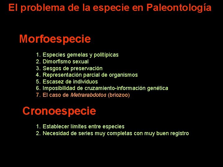 El problema de la especie en Paleontología Morfoespecie 1. 2. 3. 4. 5. 6.