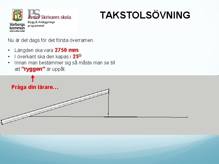 Bygg & Anläggnings programmet TAKSTOLSÖVNING Nu är det dags för det första överramen. •