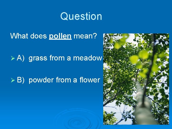 Question What does pollen mean? Ø A) grass from a meadow Ø B) powder