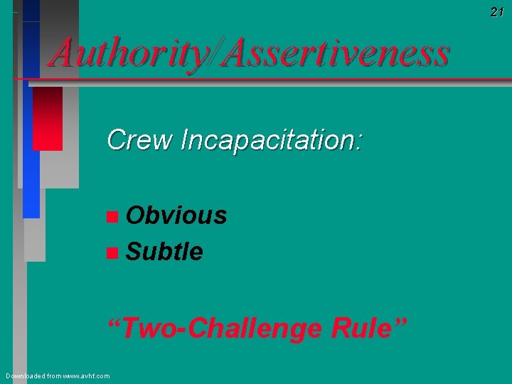 21 Authority/Assertiveness Crew Incapacitation: n Obvious n Subtle “Two-Challenge Rule” Downloaded from www. avhf.