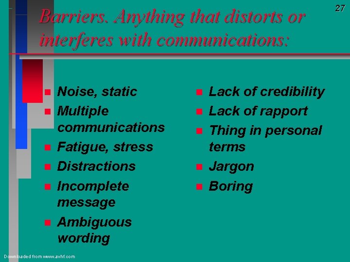 Barriers. Anything that distorts or interferes with communications: n n n Noise, static Multiple