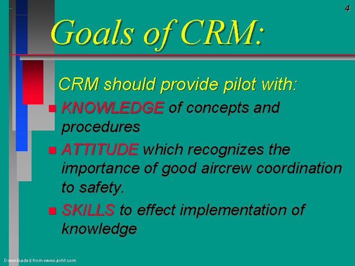 Goals of CRM: CRM should provide pilot with: KNOWLEDGE of concepts and procedures n