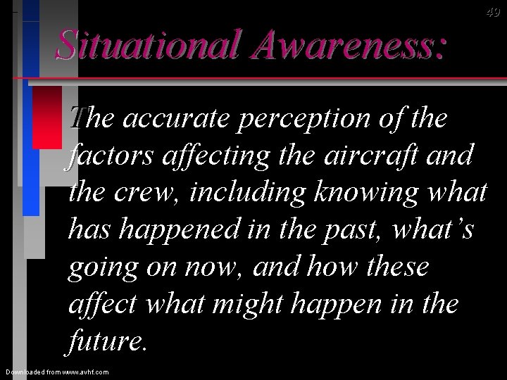 49 Situational Awareness: The accurate perception of the factors affecting the aircraft and the