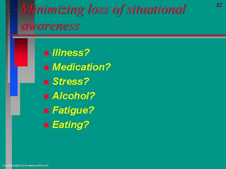 Minimizing loss of situational awareness Illness? n Medication? n Stress? n Alcohol? n Fatigue?