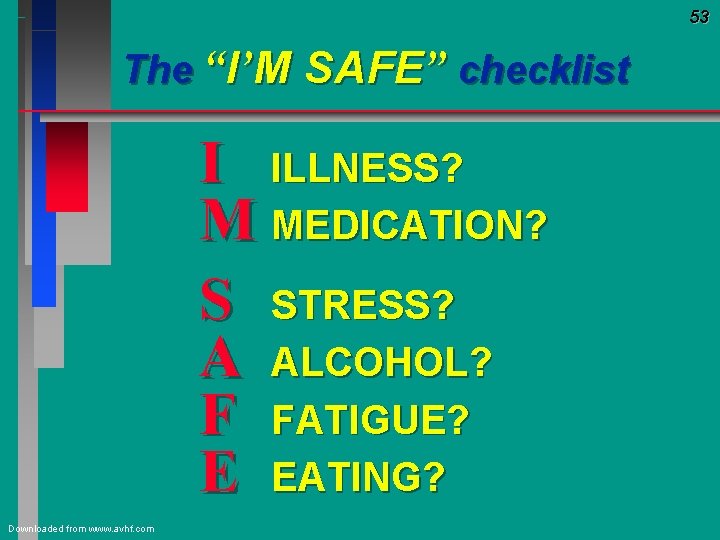 53 The “I’M SAFE” checklist I ILLNESS? M MEDICATION? S STRESS? A ALCOHOL? F