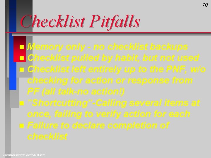 70 Checklist Pitfalls Memory only - no checklist backups n Checklist pulled by habit,
