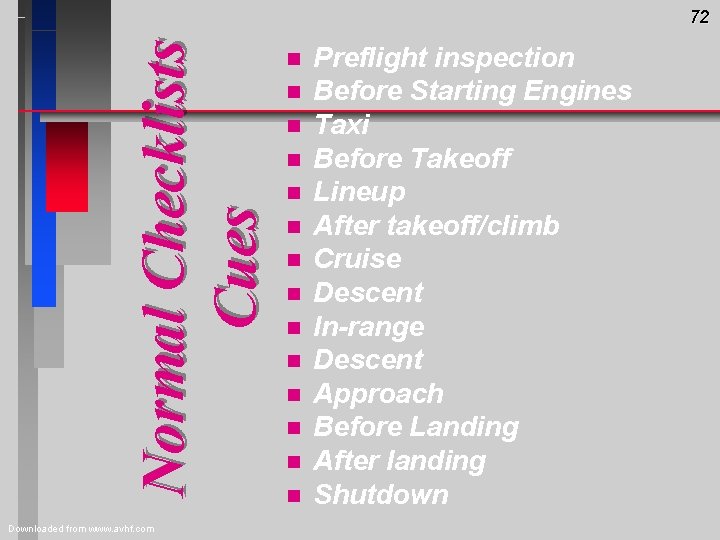 Normal Checklists Cues 72 Downloaded from www. avhf. com n n n n Preflight