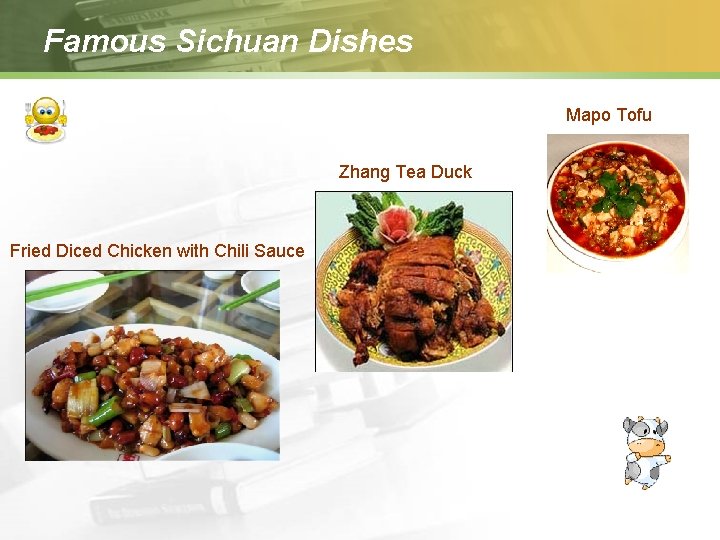 Famous Sichuan Dishes Mapo Tofu Zhang Tea Duck Fried Diced Chicken with Chili Sauce