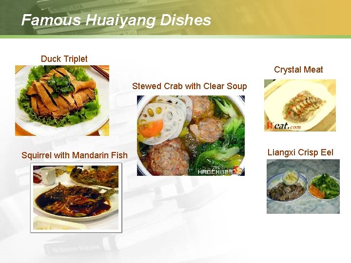 Famous Huaiyang Dishes Duck Triplet Crystal Meat Stewed Crab with Clear Soup Squirrel with