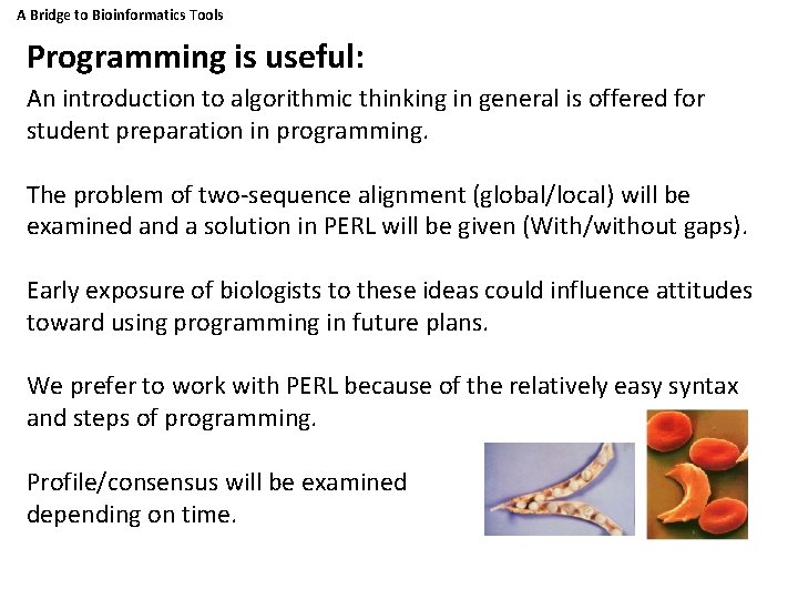 A Bridge to Bioinformatics Tools Programming is useful: An introduction to algorithmic thinking in