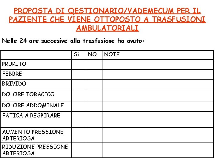 PROPOSTA DI QESTIONARIO/VADEMECUM PER IL PAZIENTE CHE VIENE OTTOPOSTO A TRASFUSIONI AMBULATORIALI Nelle 24