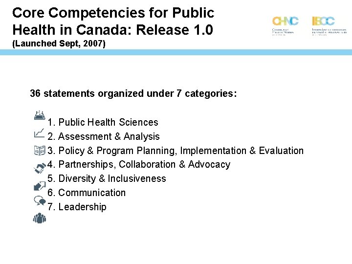 Core Competencies for Public Health in Canada: Release 1. 0 (Launched Sept, 2007) 36