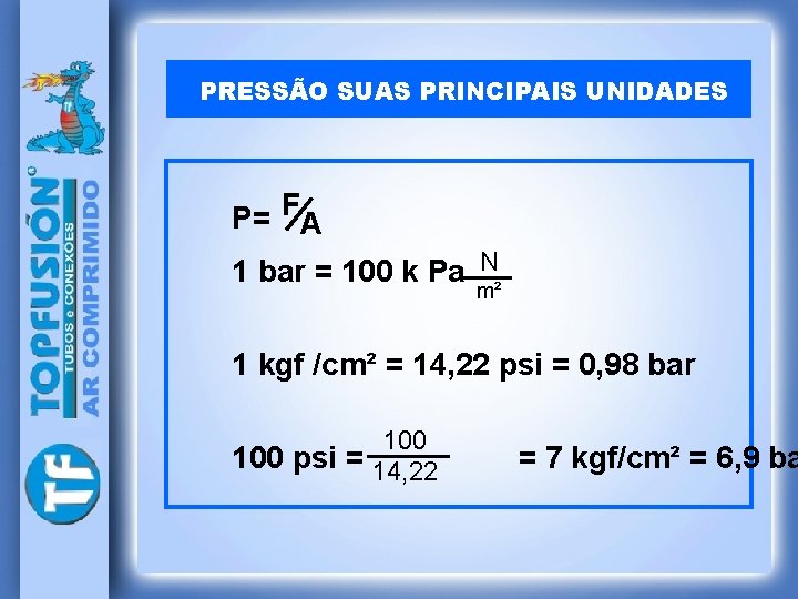 PRESSÃO SUAS PRINCIPAIS UNIDADES P= FA 1 bar = 100 k Pa N m²