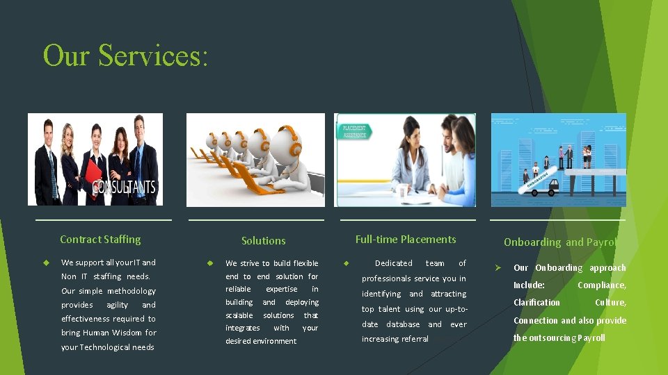 Our Services: Contract Staffing Full-time Placements Solutions We support all your IT and We