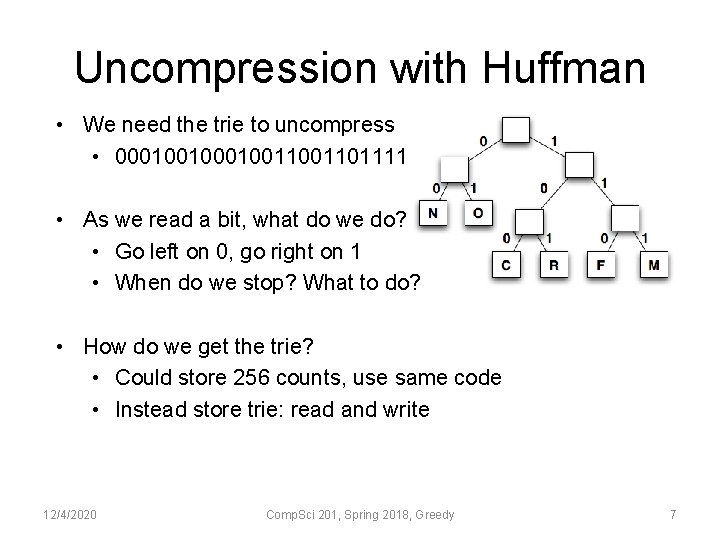 Uncompression with Huffman • We need the trie to uncompress • 00010011001101111 • As