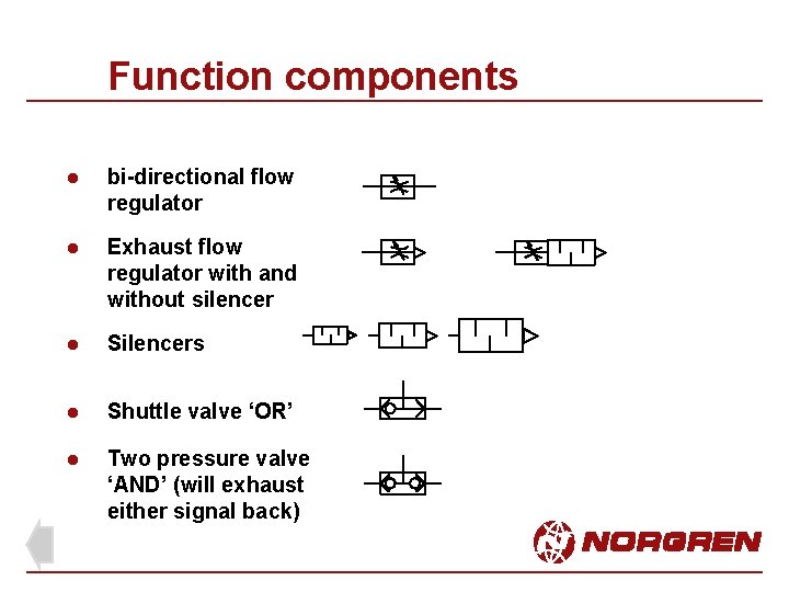 Function components l bi-directional flow regulator l Exhaust flow regulator with and without silencer