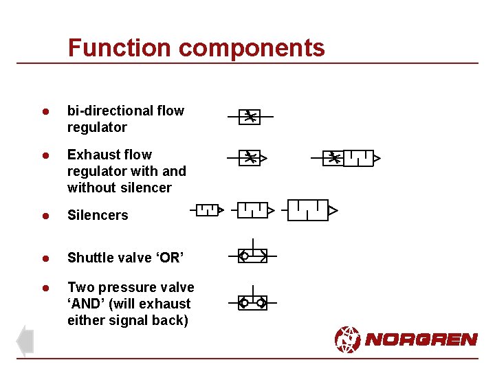Function components l bi-directional flow regulator l Exhaust flow regulator with and without silencer Function components l bi-directional flow regulator l Exhaust flow regulator with and without silencer