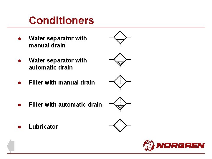 Conditioners l Water separator with manual drain l Water separator with automatic drain l Conditioners l Water separator with manual drain l Water separator with automatic drain l