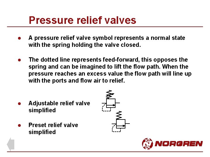 Pressure relief valves l A pressure relief valve symbol represents a normal state with