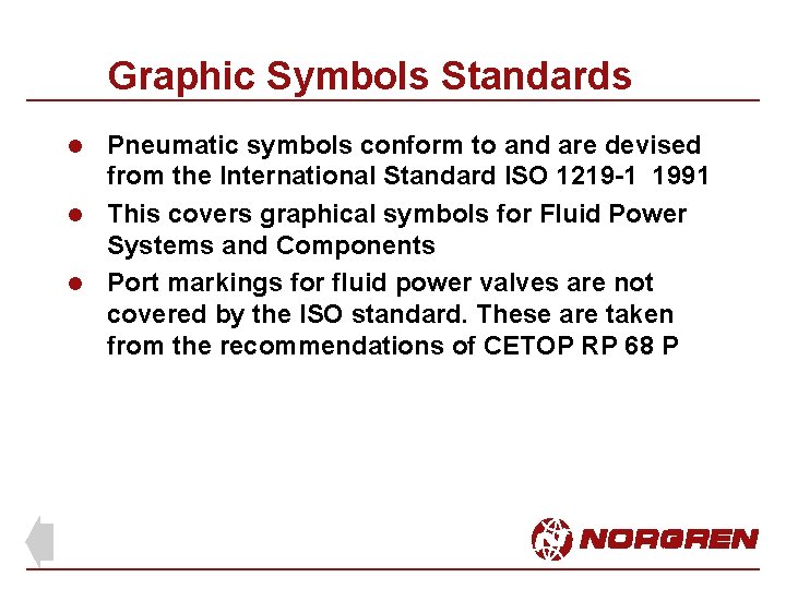 Graphic Symbols Standards Pneumatic symbols conform to and are devised from the International Standard