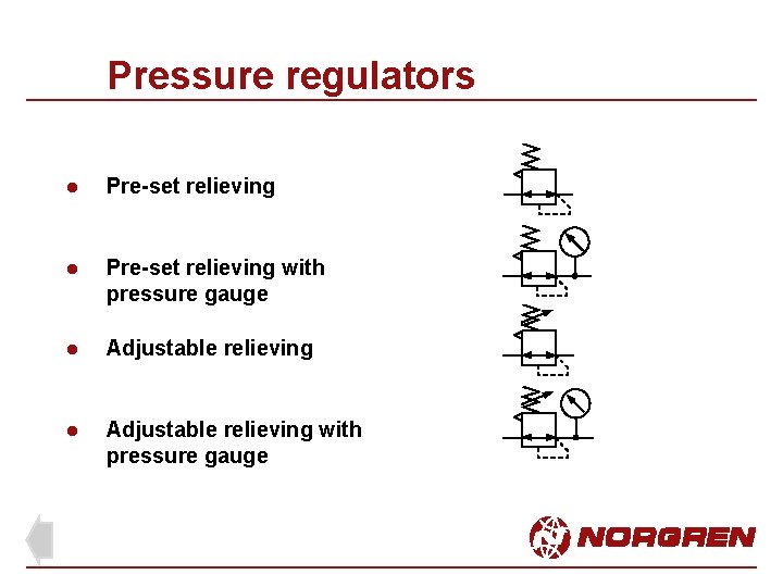 Pressure regulators l Pre-set relieving with pressure gauge l Adjustable relieving with pressure gauge Pressure regulators l Pre-set relieving with pressure gauge l Adjustable relieving with pressure gauge