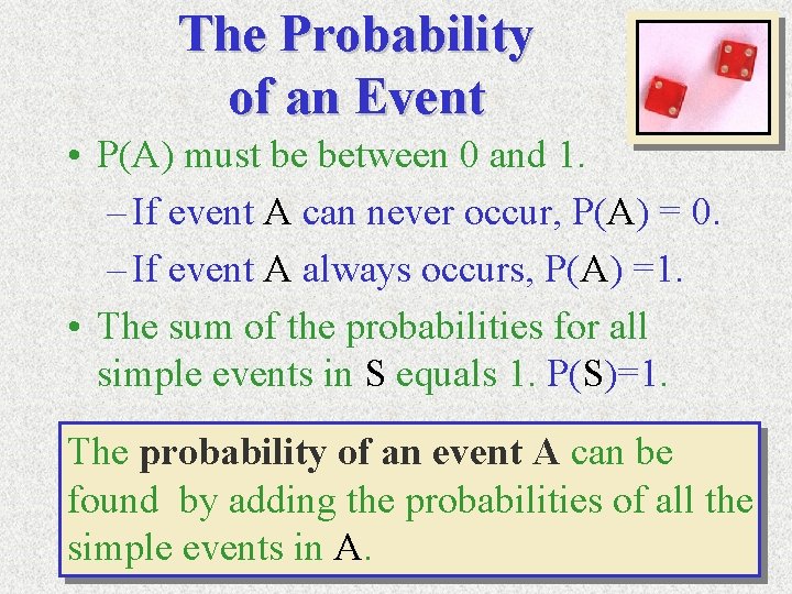 The Probability of an Event • P(A) must be between 0 and 1. –