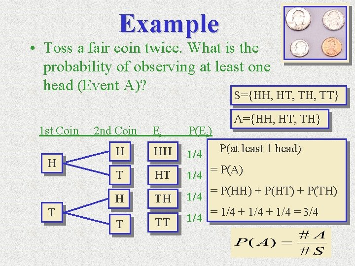 Example • Toss a fair coin twice. What is the probability of observing at