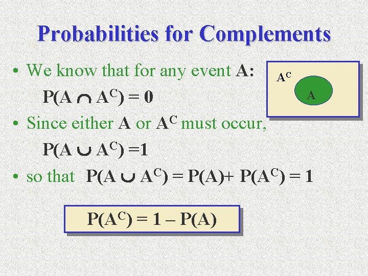 Probabilities for Complements • We know that for any event A: AC A P(A