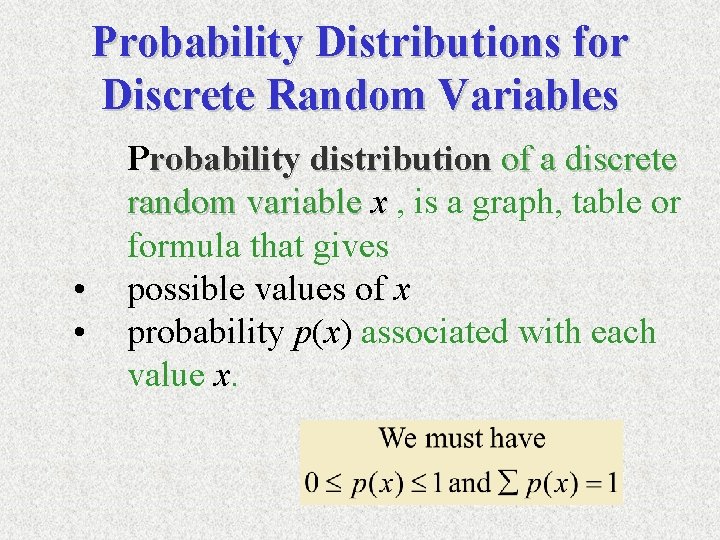 Probability Distributions for Discrete Random Variables • • Probability distribution of a discrete random