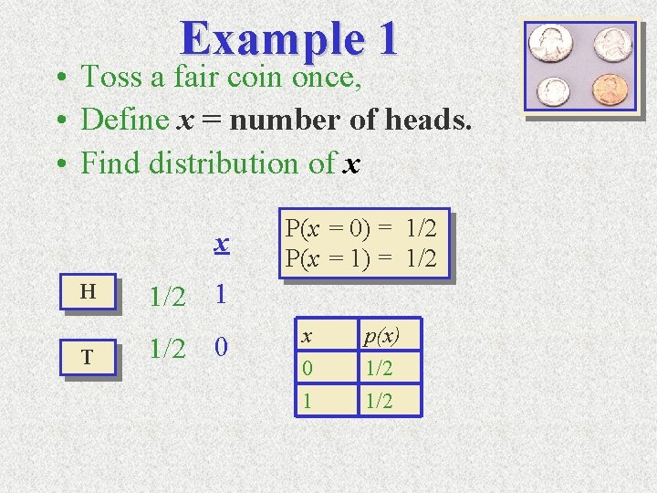 Example 1 • Toss a fair coin once, • Define x = number of