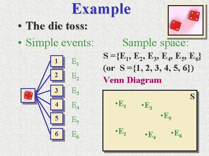 Example • The die toss: • Simple events: 1 E 1 2 E 2