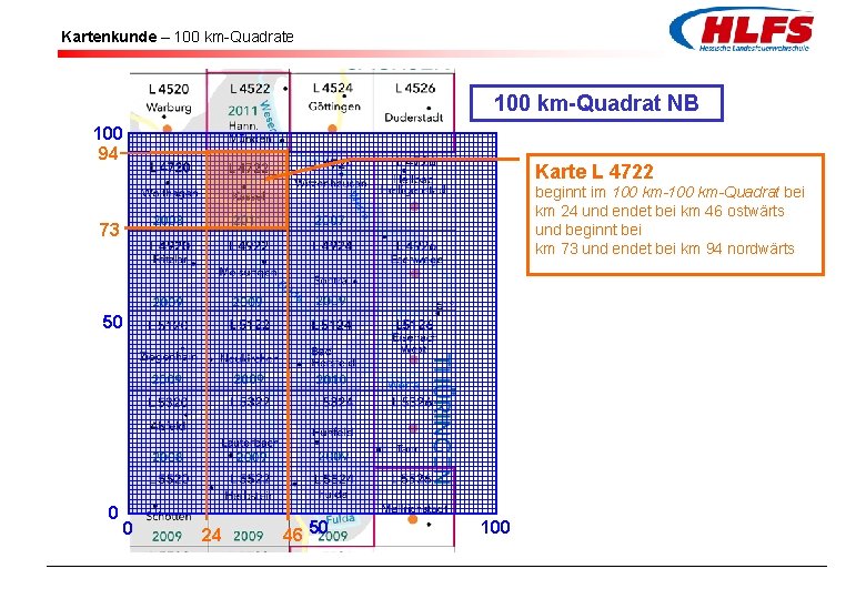 Kartenkunde – 100 km-Quadrate 100 km-Quadrat NB 100 94 Karte L 4722 beginnt im