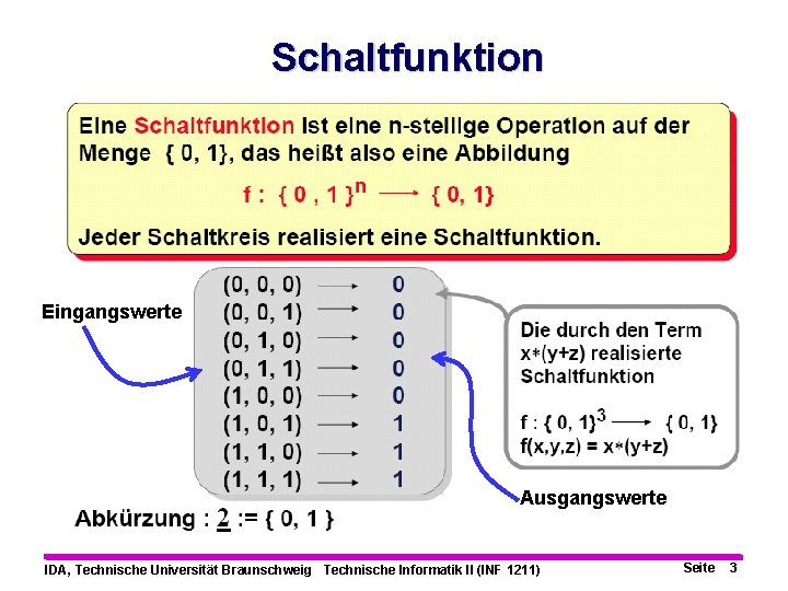 Schaltfunktion Eingangswerte Ausgangswerte IDA, Technische Universität Braunschweig Technische Informatik II (INF 1211) Seite 3