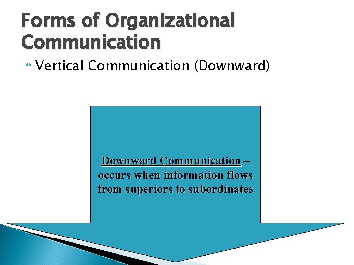 Forms of Organizational Communication Vertical Communication (Downward) Downward Communication – occurs when information flows