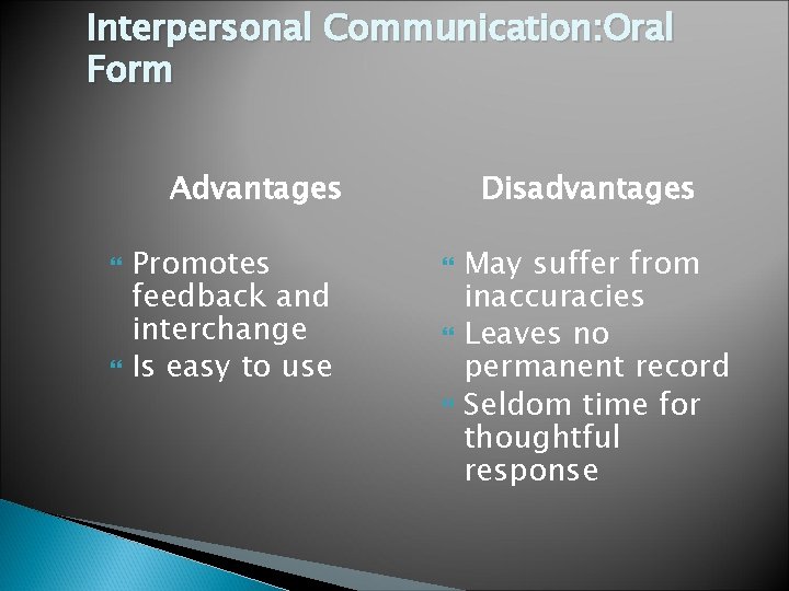 Interpersonal Communication: Oral Form Advantages Promotes feedback and interchange Is easy to use Disadvantages