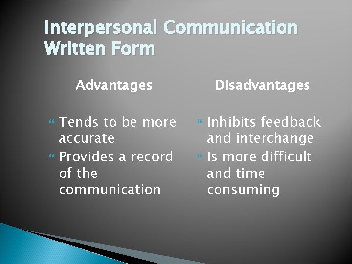 Interpersonal Communication Written Form Advantages Tends to be more accurate Provides a record of