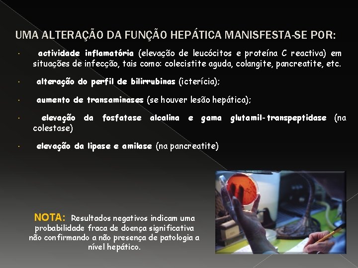 UMA ALTERAÇÃO DA FUNÇÃO HEPÁTICA MANISFESTA-SE POR: actividade inflamatória (elevação de leucócitos e proteína