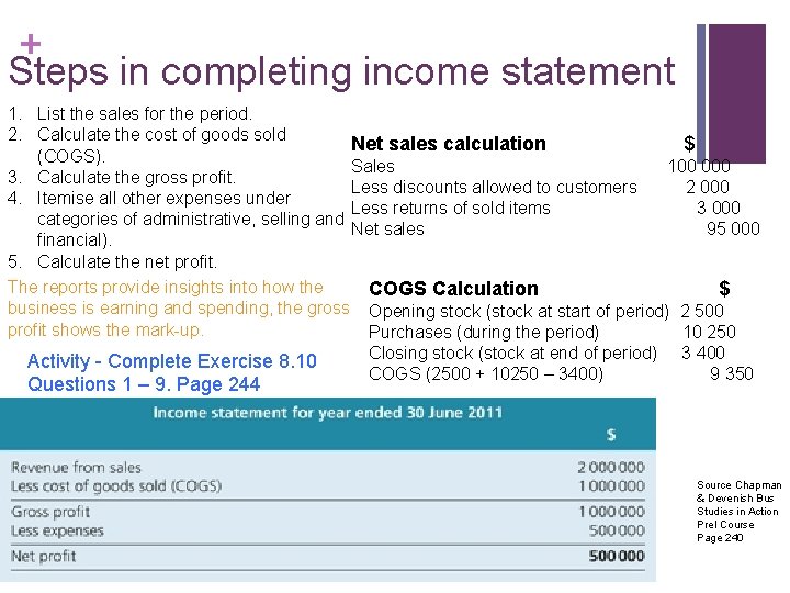 + Steps in completing income statement 1. List the sales for the period. 2.