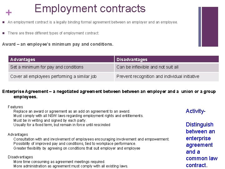 + Employment contracts n An employment contract is a legally binding formal agreement between
