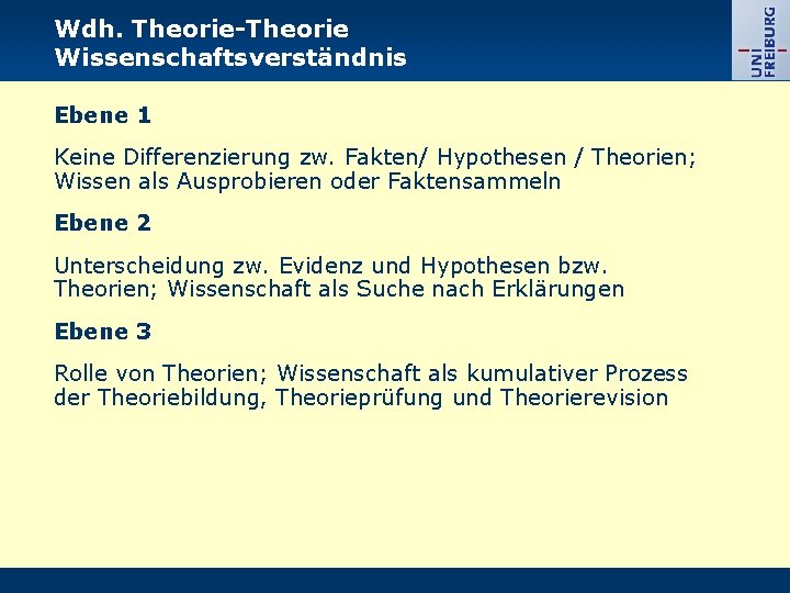 Wdh. Theorie-Theorie Wissenschaftsverständnis Ebene 1 Keine Differenzierung zw. Fakten/ Hypothesen / Theorien; Wissen als