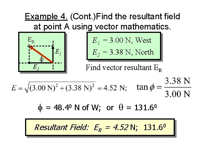 Example 4. (Cont. )Find the resultant field at point A using vector mathematics. ER