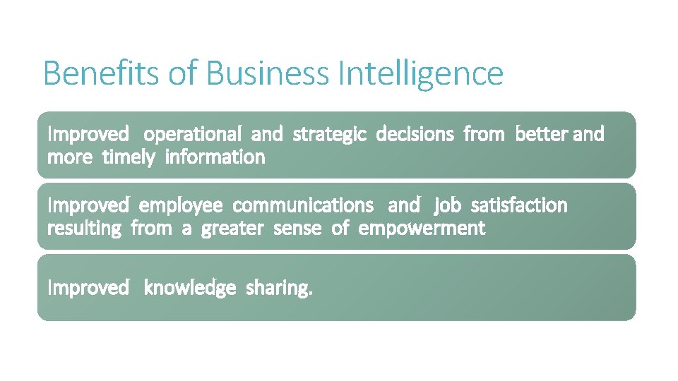 Benefits of Business Intelligence Improved operational and strategic decisions from better and more timely