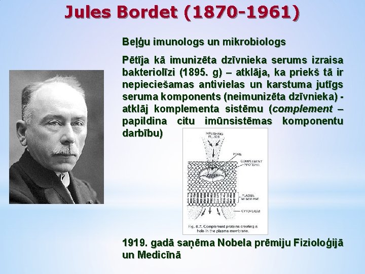 Jules Bordet (1870 -1961) Beļģu imunologs un mikrobiologs Pētīja kā imunizēta dzīvnieka serums izraisa