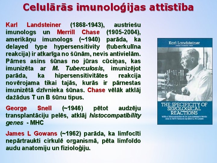 Celulārās imunoloģijas attīstība Karl Landsteiner (1868 -1943), austriešu imunologs un Merrill Chase (1905 -2004),