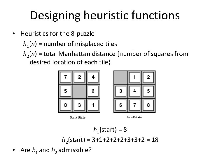 Designing heuristic functions • Heuristics for the 8 -puzzle h 1(n) = number of