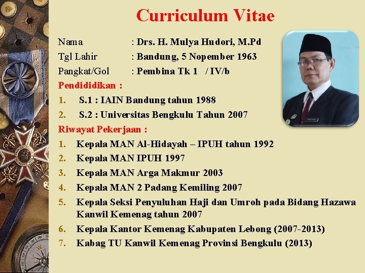 Curriculum Vitae Nama : Drs. H. Mulya Hudori, M. Pd Tgl Lahir : Bandung,