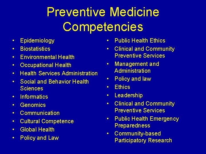 Preventive Medicine Competencies • • • Epidemiology Biostatistics Environmental Health Occupational Health Services Administration