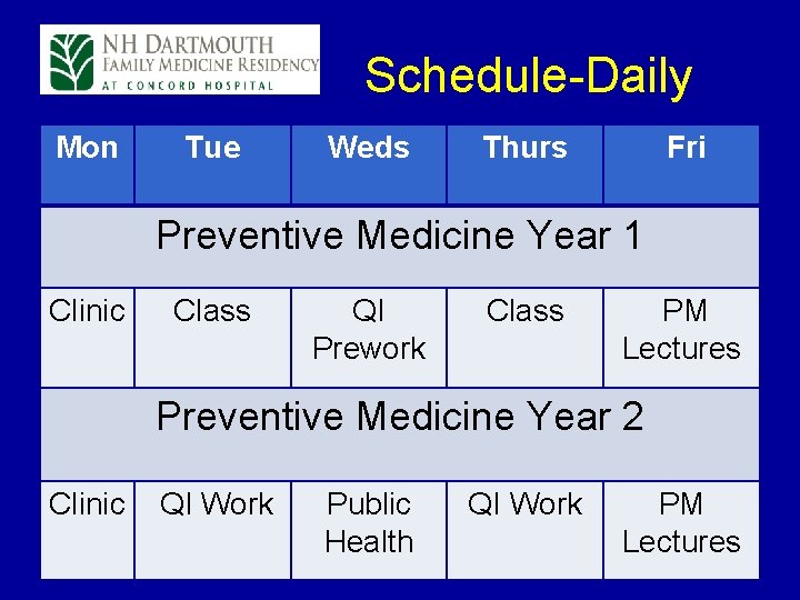  Schedule-Daily Mon Tue Weds Thurs Fri Preventive Medicine Year 1 Clinic Class QI